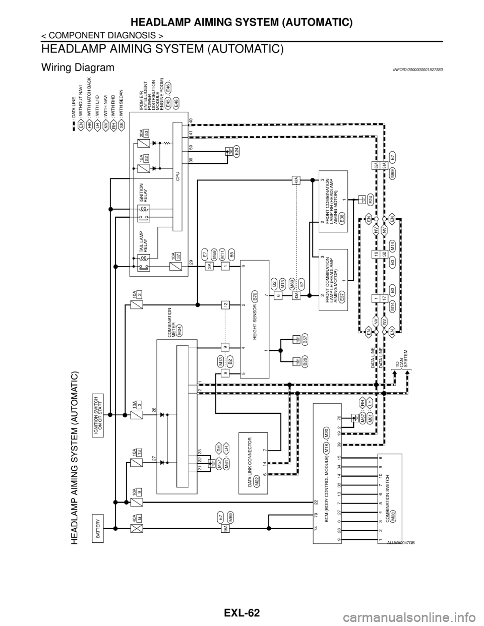 NISSAN TIIDA 2007  Service Repair Manual EXL-62
< COMPONENT DIAGNOSIS >
HEADLAMP AIMING SYSTEM (AUTOMATIC)
HEADLAMP AIMING SYSTEM (AUTOMATIC)
Wiring DiagramINFOID:0000000001527580
ALLWA0047GB 