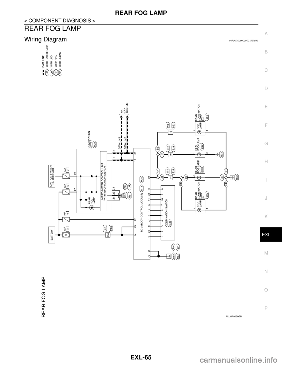 NISSAN TIIDA 2007  Service Repair Manual REAR FOG LAMP
EXL-65
< COMPONENT DIAGNOSIS >
C
D
E
F
G
H
I
J
K
MA
B
EXL
N
O
P
REAR FOG LAMP
Wiring DiagramINFOID:0000000001527582
ALLWA0050GB 