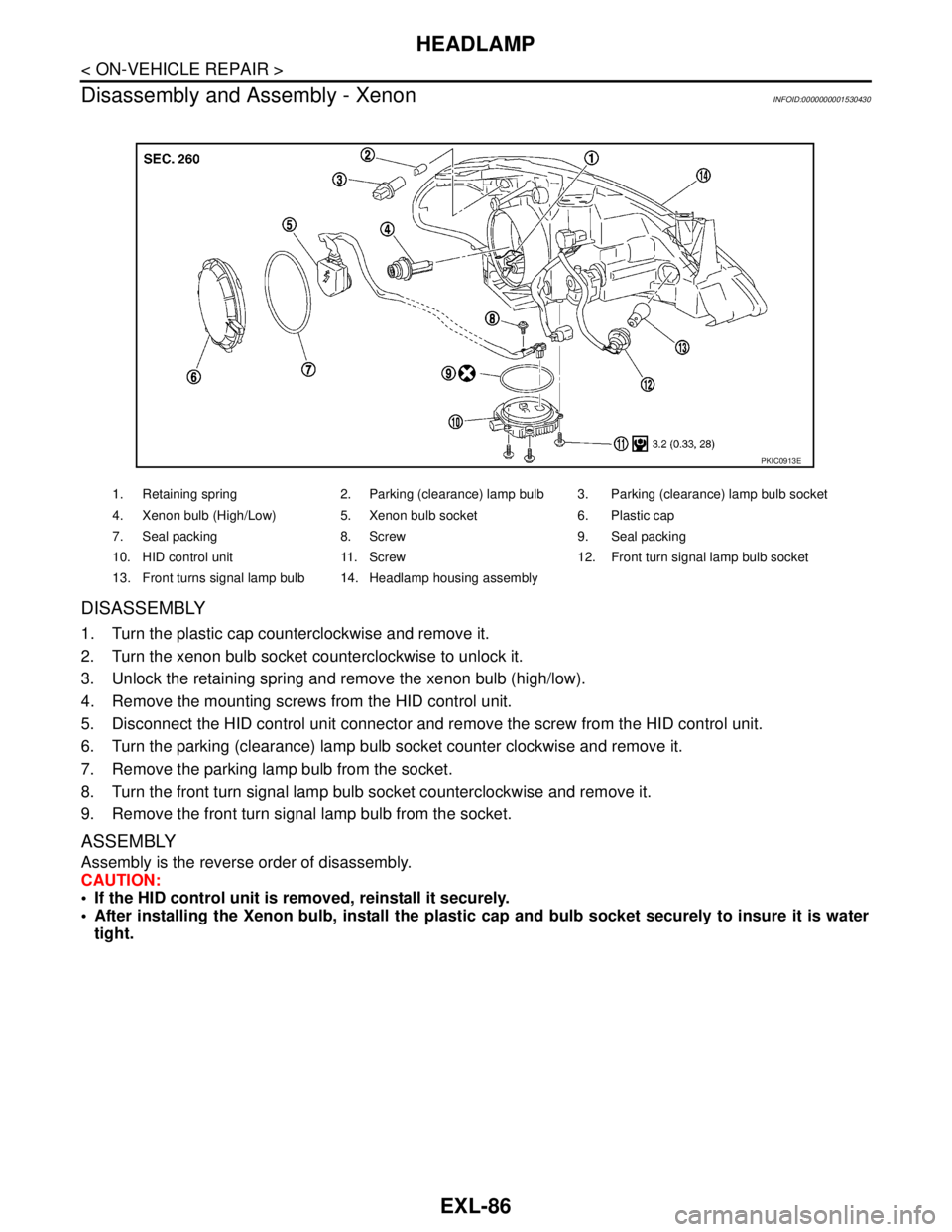 NISSAN TIIDA 2007 Service Repair Manual EXL-86
< ON-VEHICLE REPAIR >
HEADLAMP
Disassembly and Assembly - Xenon
INFOID:0000000001530430
DISASSEMBLY
1. Turn the plastic cap counterclockwise and remove it.
2. Turn the xenon bulb socket counter NISSAN TIIDA 2007 Service Repair Manual EXL-86
< ON-VEHICLE REPAIR >
HEADLAMP
Disassembly and Assembly - Xenon
INFOID:0000000001530430
DISASSEMBLY
1. Turn the plastic cap counterclockwise and remove it.
2. Turn the xenon bulb socket counter