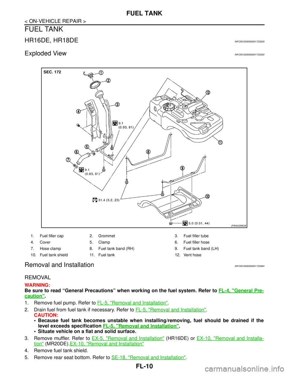 NISSAN TIIDA 2007 Service Repair Manual FL-10
< ON-VEHICLE REPAIR >
FUEL TANK
FUEL TANK
HR16DE, HR18DEINFOID:0000000001723029
Exploded ViewINFOID:0000000001723030
Removal and InstallationINFOID:0000000001723064
REMOVAL
WARNING:
Be sure to r NISSAN TIIDA 2007 Service Repair Manual FL-10
< ON-VEHICLE REPAIR >
FUEL TANK
FUEL TANK
HR16DE, HR18DEINFOID:0000000001723029
Exploded ViewINFOID:0000000001723030
Removal and InstallationINFOID:0000000001723064
REMOVAL
WARNING:
Be sure to r