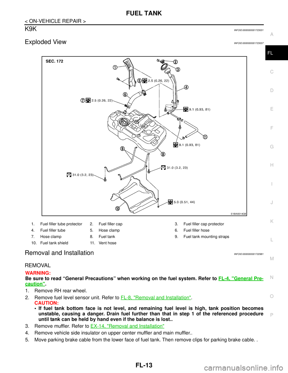 NISSAN TIIDA 2007 Service Repair Manual FUEL TANK
FL-13
< ON-VEHICLE REPAIR >
C
D
E
F
G
H
I
J
K
L
MA
FL
N
P O
K9KINFOID:0000000001723031
Exploded ViewINFOID:0000000001723037
Removal and InstallationINFOID:0000000001722981
REMOVAL
WARNING:
B NISSAN TIIDA 2007 Service Repair Manual FUEL TANK
FL-13
< ON-VEHICLE REPAIR >
C
D
E
F
G
H
I
J
K
L
MA
FL
N
P O
K9KINFOID:0000000001723031
Exploded ViewINFOID:0000000001723037
Removal and InstallationINFOID:0000000001722981
REMOVAL
WARNING:
B
