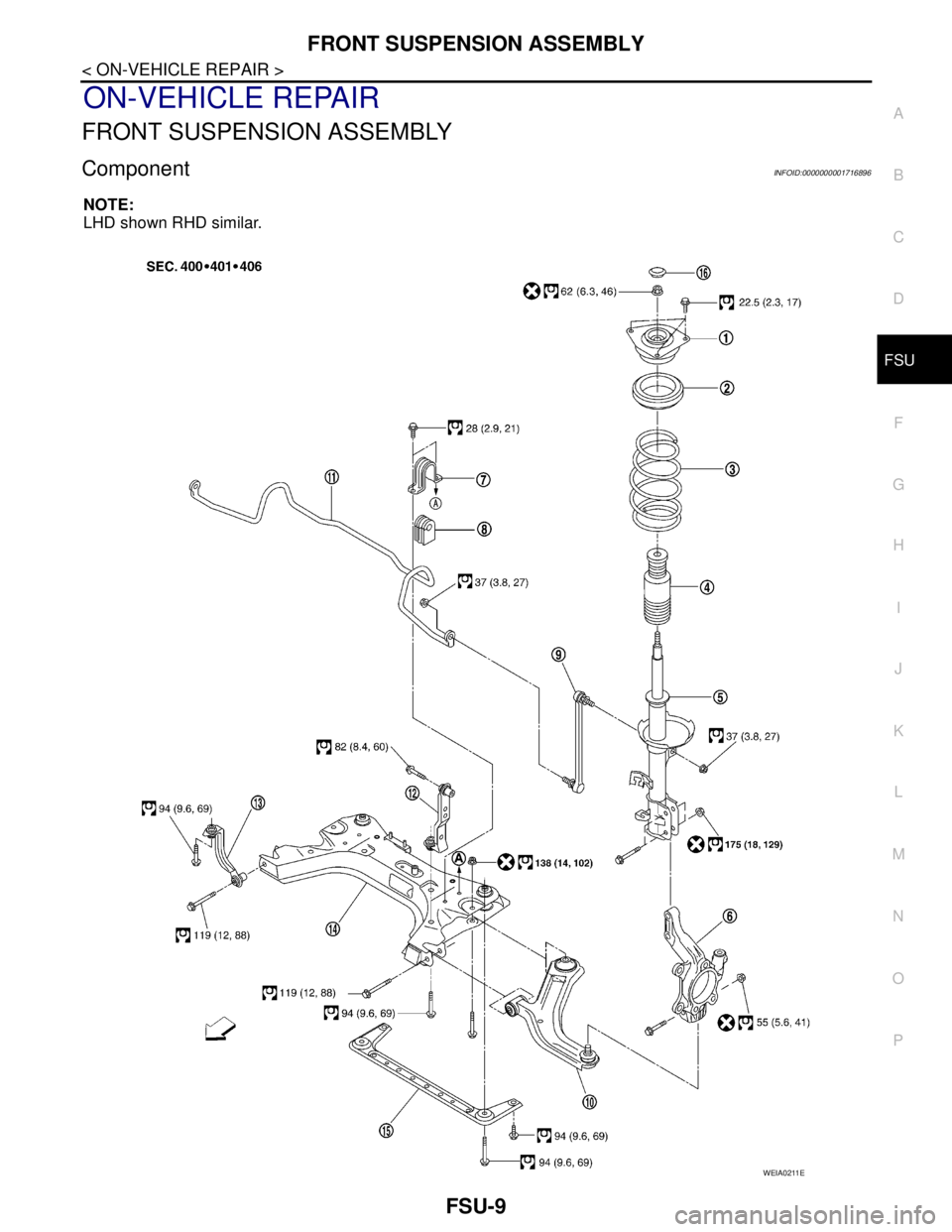NISSAN TIIDA 2007  Service Repair Manual FRONT SUSPENSION ASSEMBLY
FSU-9
< ON-VEHICLE REPAIR >
C
D
F
G
H
I
J
K
L
MA
B
FSU
N
O
P
ON-VEHICLE REPAIR
FRONT SUSPENSION ASSEMBLY
ComponentINFOID:0000000001716896
NOTE:
LHD shown RHD similar.
WEIA021