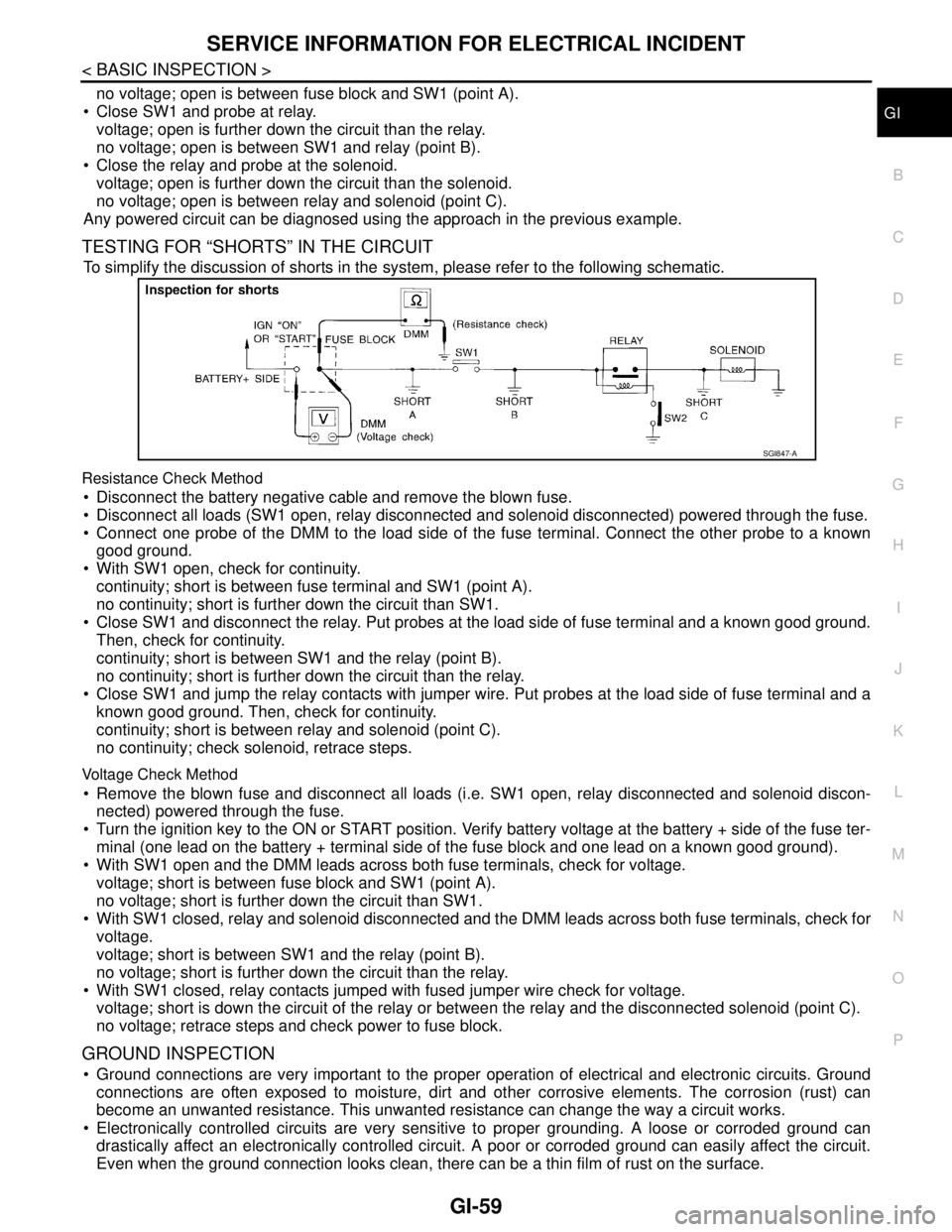 NISSAN TIIDA 2007 Service Repair Manual SERVICE INFORMATION FOR ELECTRICAL INCIDENT
GI-59
< BASIC INSPECTION >
C
D
E
F
G
H
I
J
K
L
MB
GI
N
O
P
no voltage; open is between fuse block and SW1 (point A).
Close SW1 and probe at relay.
voltage NISSAN TIIDA 2007 Service Repair Manual SERVICE INFORMATION FOR ELECTRICAL INCIDENT
GI-59
< BASIC INSPECTION >
C
D
E
F
G
H
I
J
K
L
MB
GI
N
O
P
no voltage; open is between fuse block and SW1 (point A).
Close SW1 and probe at relay.
voltage