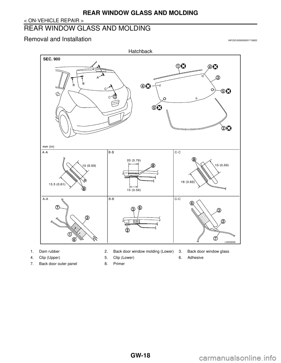 NISSAN TIIDA 2007  Service Repair Manual GW-18
< ON-VEHICLE REPAIR >
REAR WINDOW GLASS AND MOLDING
REAR WINDOW GLASS AND MOLDING
Removal and InstallationINFOID:0000000001716820
Hatchback
LIIA2924E
1. Dam rubber 2. Back door window molding (L