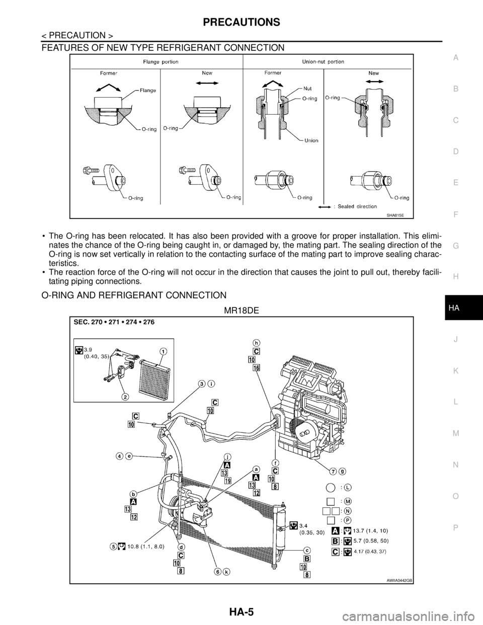 NISSAN TIIDA 2007  Service Repair Manual PRECAUTIONS
HA-5
< PRECAUTION >
C
D
E
F
G
H
J
K
L
MA
B
HA
N
O
P
FEATURES OF NEW TYPE REFRIGERANT CONNECTION
 The O-ring has been relocated. It has also been provided with a groove for proper installa