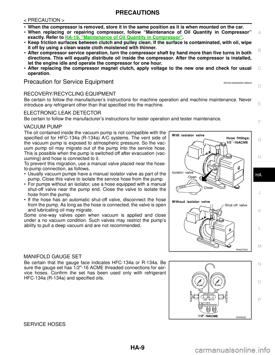 NISSAN TIIDA 2007 Service Repair Manual PRECAUTIONS
HA-9
< PRECAUTION >
C
D
E
F
G
H
J
K
L
MA
B
HA
N
O
P
When the compressor is removed, store it in the same position as it is when mounted on the car.
When replacing or repairing compressor NISSAN TIIDA 2007 Service Repair Manual PRECAUTIONS
HA-9
< PRECAUTION >
C
D
E
F
G
H
J
K
L
MA
B
HA
N
O
P
When the compressor is removed, store it in the same position as it is when mounted on the car.
When replacing or repairing compressor