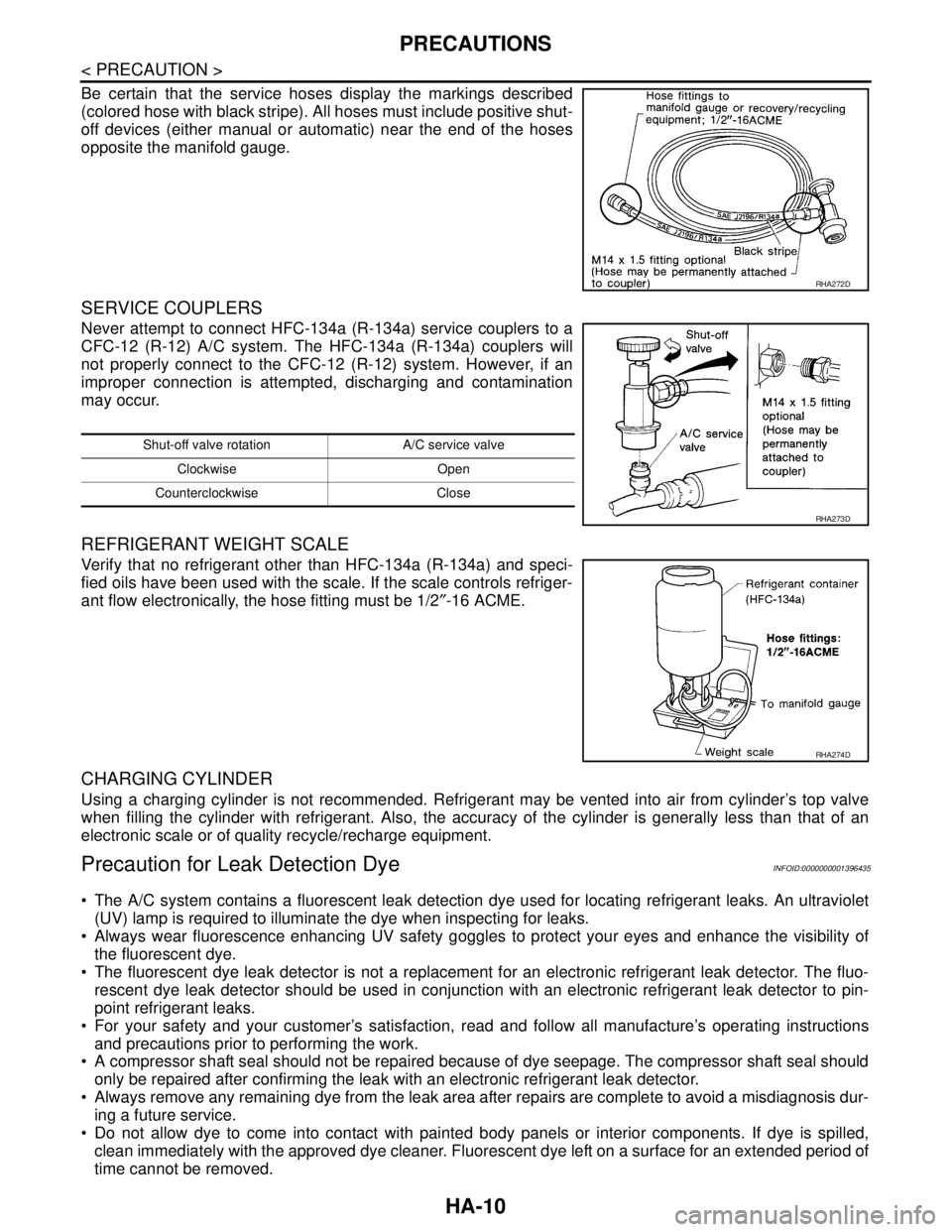 NISSAN TIIDA 2007  Service Repair Manual HA-10
< PRECAUTION >
PRECAUTIONS
Be certain that the service hoses display the markings described
(colored hose with black stripe). All hoses must include positive shut-
off devices (either manual or 