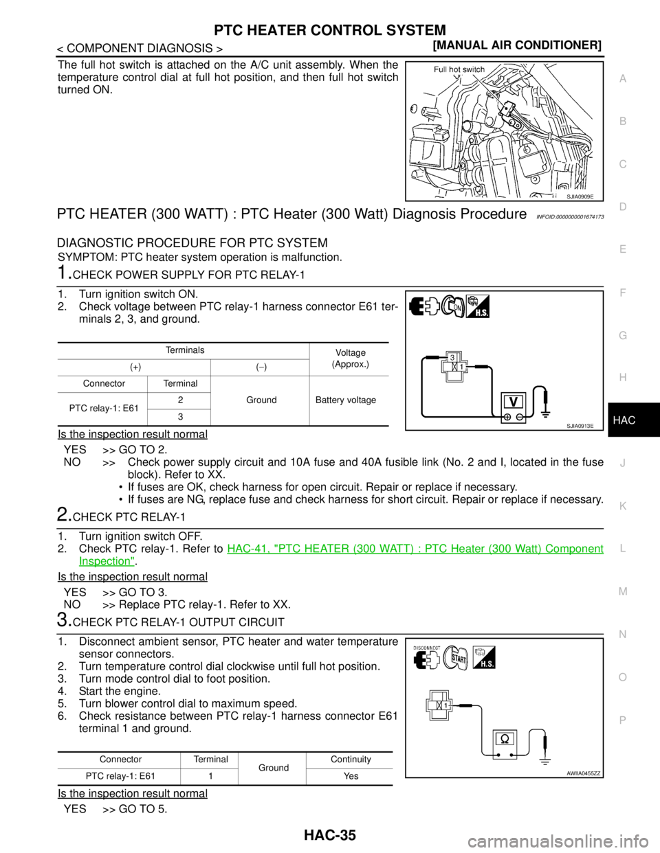 NISSAN TIIDA 2007  Service Repair Manual PTC HEATER CONTROL SYSTEM
HAC-35
< COMPONENT DIAGNOSIS >[MANUAL AIR CONDITIONER]
C
D
E
F
G
H
J
K
L
MA
B
HAC
N
O
P
The full hot switch is attached on the A/C unit assembly. When the
temperature control