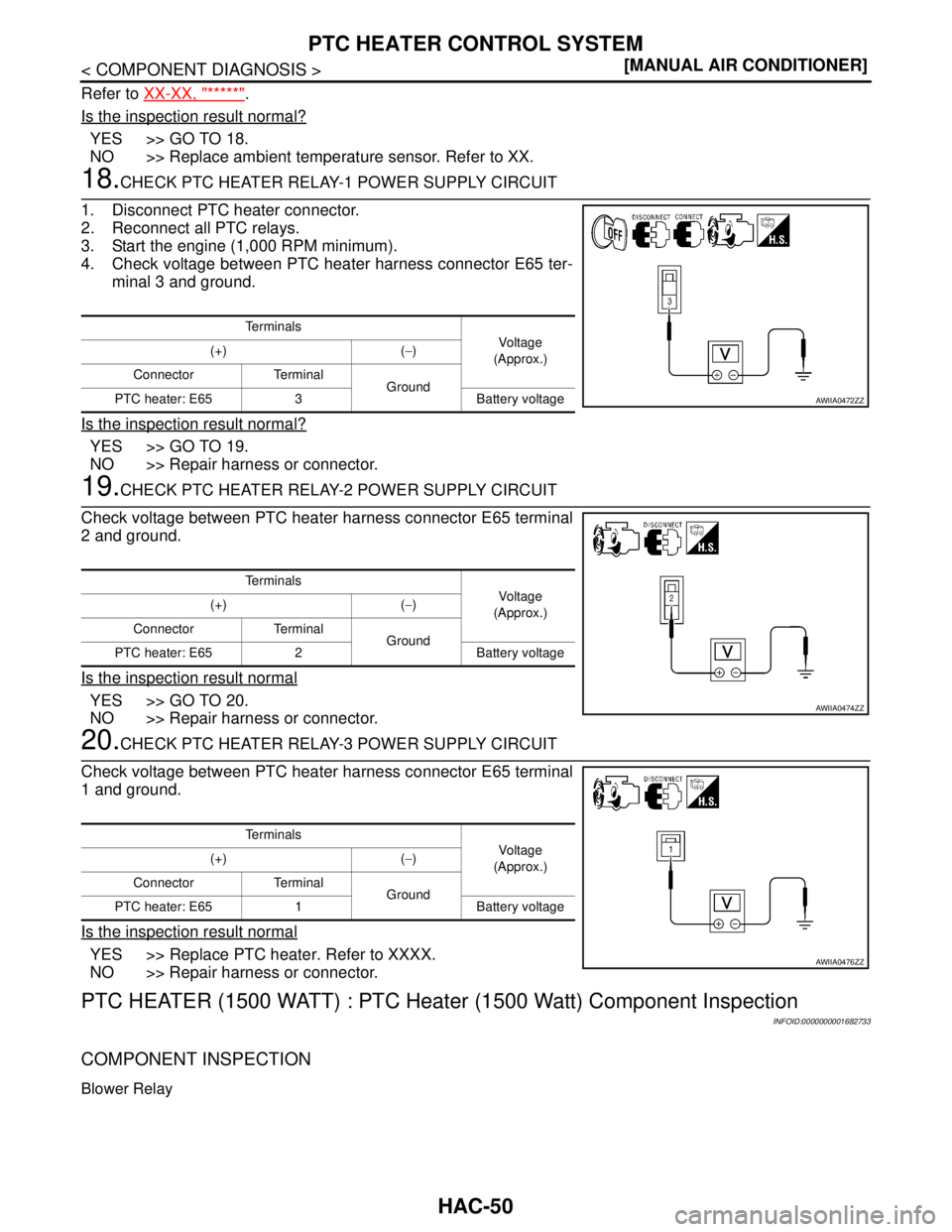 NISSAN TIIDA 2007  Service Repair Manual HAC-50
< COMPONENT DIAGNOSIS >[MANUAL AIR CONDITIONER]
PTC HEATER CONTROL SYSTEM
Refer to XX-XX, "*****".
Is the inspection result normal?
YES >> GO TO 18.
NO >> Replace ambient temperature sensor. Re