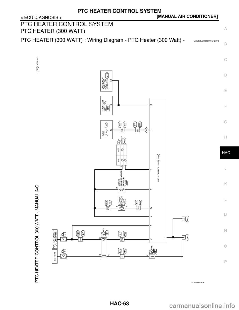 NISSAN TIIDA 2007  Service Repair Manual PTC HEATER CONTROL SYSTEM
HAC-63
< ECU DIAGNOSIS >[MANUAL AIR CONDITIONER]
C
D
E
F
G
H
J
K
L
MA
B
HAC
N
O
P
PTC HEATER CONTROL SYSTEM
PTC HEATER (300 WATT)
PTC HEATER (300 WATT) : Wiring Diagram - PTC