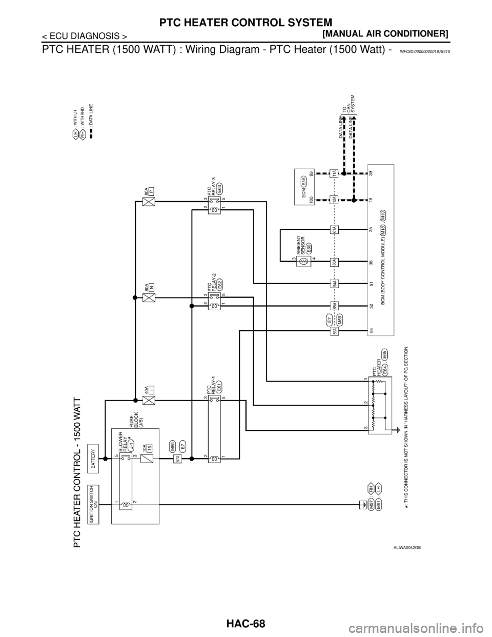 NISSAN TIIDA 2007  Service Repair Manual HAC-68
< ECU DIAGNOSIS >[MANUAL AIR CONDITIONER]
PTC HEATER CONTROL SYSTEM
PTC HEATER (1500 WATT) : Wiring Diagram - PTC Heater (1500 Watt) -
INFOID:0000000001678415
ALIWA0042GB 