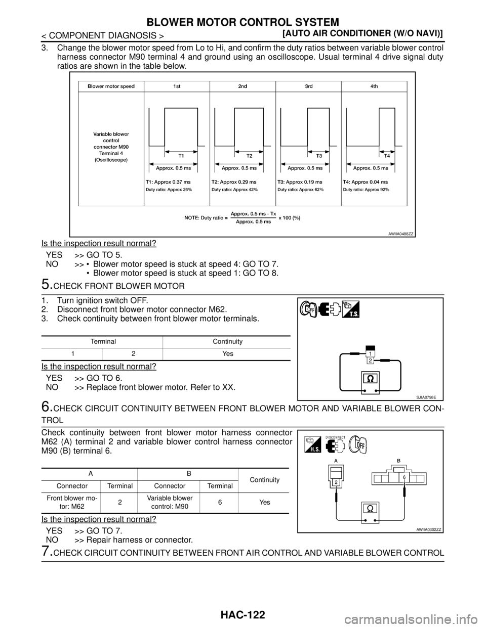 NISSAN TIIDA 2007  Service Repair Manual HAC-122
< COMPONENT DIAGNOSIS >[AUTO AIR CONDITIONER (W/O NAVI)]
BLOWER MOTOR CONTROL SYSTEM
3. Change the blower motor speed from Lo to Hi, and confirm the duty ratios between variable blower control