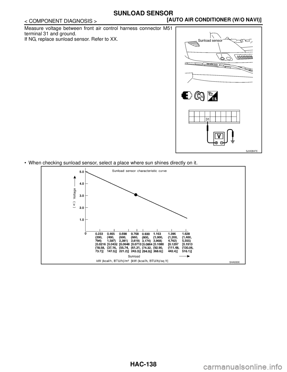 NISSAN TIIDA 2007  Service Repair Manual HAC-138
< COMPONENT DIAGNOSIS >[AUTO AIR CONDITIONER (W/O NAVI)]
SUNLOAD SENSOR
Measure voltage between front air control harness connector M51
terminal 31 and ground.
If NG, replace sunload sensor. R