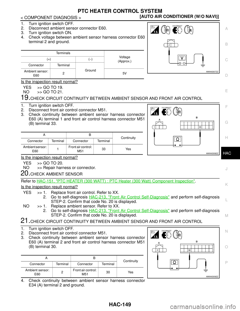 NISSAN TIIDA 2007  Service Repair Manual PTC HEATER CONTROL SYSTEM
HAC-149
< COMPONENT DIAGNOSIS >[AUTO AIR CONDITIONER (W/O NAVI)]
C
D
E
F
G
H
J
K
L
MA
B
HAC
N
O
P
1. Turn ignition switch OFF.
2. Disconnect ambient sensor connector E60.
3. 