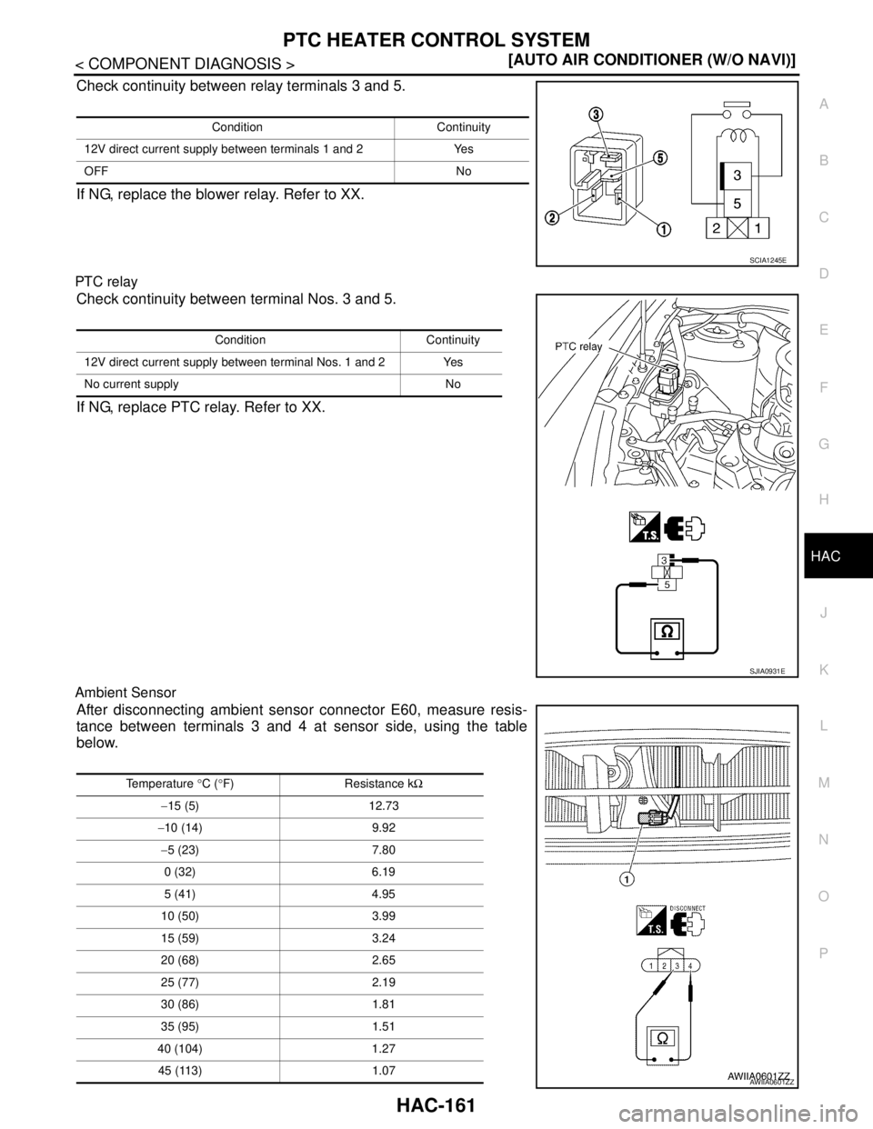 NISSAN TIIDA 2007  Service Repair Manual PTC HEATER CONTROL SYSTEM
HAC-161
< COMPONENT DIAGNOSIS >[AUTO AIR CONDITIONER (W/O NAVI)]
C
D
E
F
G
H
J
K
L
MA
B
HAC
N
O
P
Check continuity between relay terminals 3 and 5.
If NG, replace the blower 