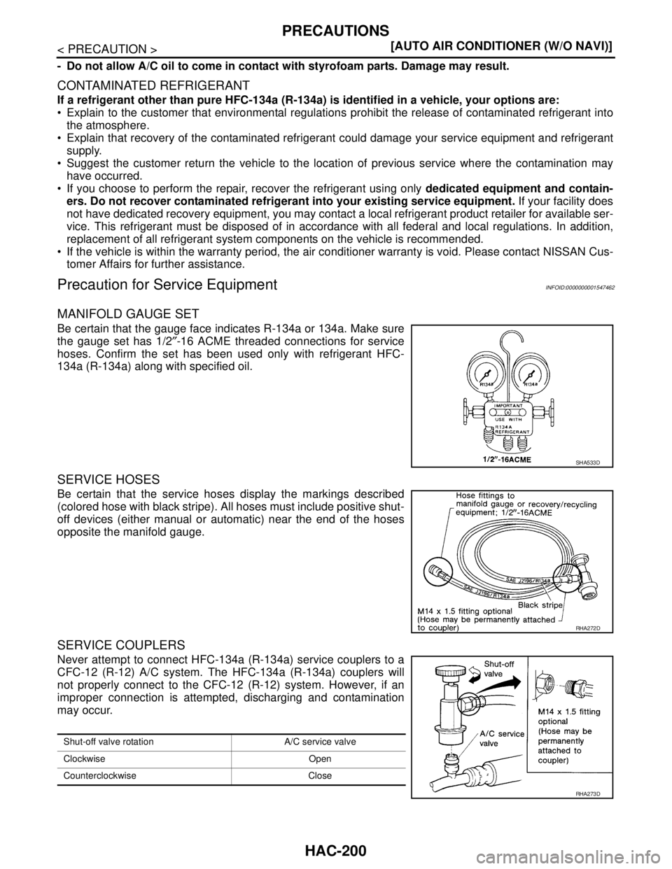 NISSAN TIIDA 2007  Service Repair Manual HAC-200
< PRECAUTION >[AUTO AIR CONDITIONER (W/O NAVI)]
PRECAUTIONS
- Do not allow A/C oil to come in contact with styrofoam parts. Damage may result.
CONTAMINATED REFRIGERANT
If a refrigerant other t