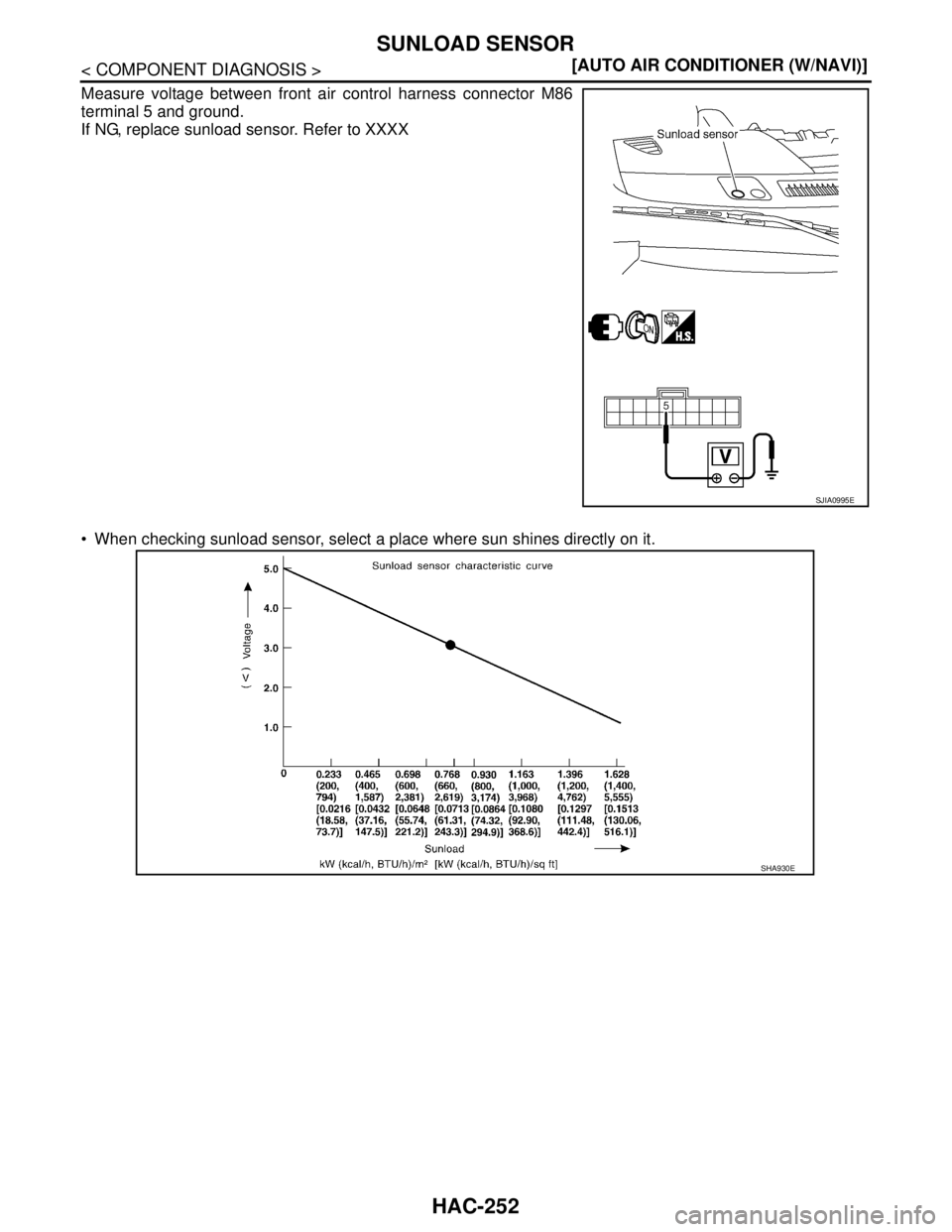 NISSAN TIIDA 2007  Service Repair Manual HAC-252
< COMPONENT DIAGNOSIS >[AUTO AIR CONDITIONER (W/NAVI)]
SUNLOAD SENSOR
Measure voltage between front air control harness connector M86
terminal 5 and ground.
If NG, replace sunload sensor. Refe