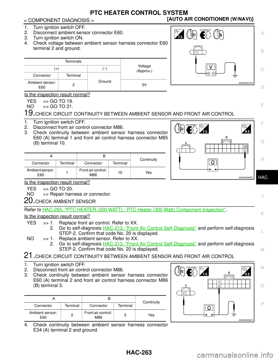 NISSAN TIIDA 2007  Service Repair Manual PTC HEATER CONTROL SYSTEM
HAC-263
< COMPONENT DIAGNOSIS >[AUTO AIR CONDITIONER (W/NAVI)]
C
D
E
F
G
H
J
K
L
MA
B
HAC
N
O
P
1. Turn ignition switch OFF.
2. Disconnect ambient sensor connector E60.
3. Tu