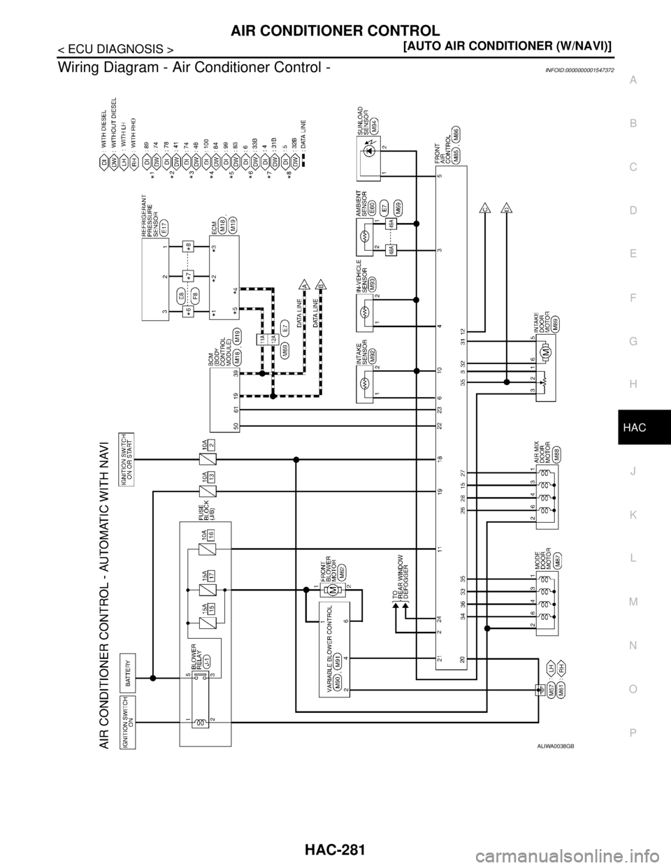 NISSAN TIIDA 2007  Service Repair Manual AIR CONDITIONER CONTROL
HAC-281
< ECU DIAGNOSIS >[AUTO AIR CONDITIONER (W/NAVI)]
C
D
E
F
G
H
J
K
L
MA
B
HAC
N
O
P
Wiring Diagram - Air Conditioner Control -INFOID:0000000001547372
ALIWA0038GB 