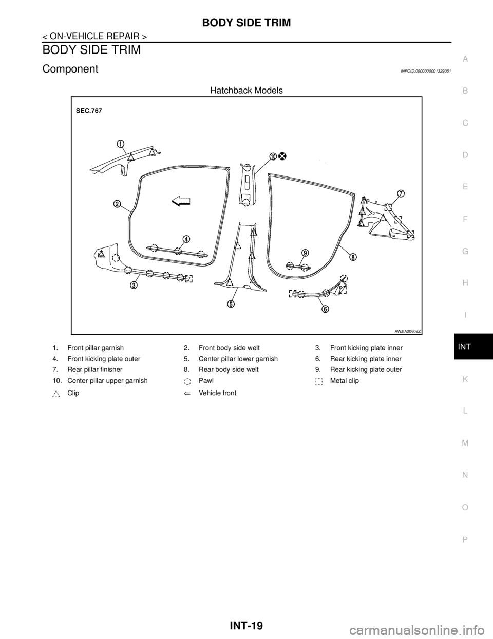 NISSAN TIIDA 2007  Service Repair Manual BODY SIDE TRIM
INT-19
< ON-VEHICLE REPAIR >
C
D
E
F
G
H
I
K
L
MA
B
INT
N
O
P
BODY SIDE TRIM
ComponentINFOID:0000000001329051
Hatchback Models
AWJIA0060ZZ
1. Front pillar garnish 2. Front body side wel