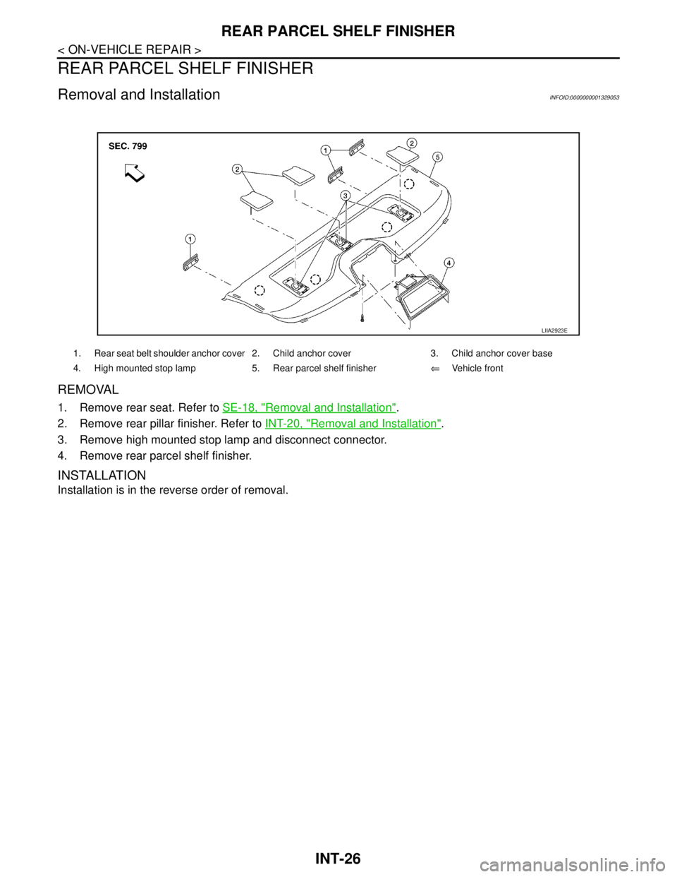 NISSAN TIIDA 2007  Service Repair Manual INT-26
< ON-VEHICLE REPAIR >
REAR PARCEL SHELF FINISHER
REAR PARCEL SHELF FINISHER
Removal and InstallationINFOID:0000000001329053
REMOVAL
1. Remove rear seat. Refer to SE-18, "Removal and Installatio