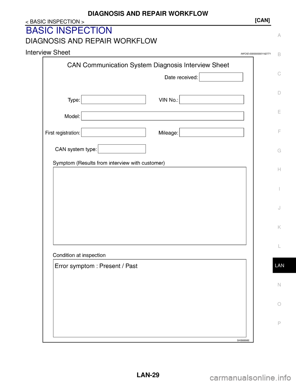 NISSAN TIIDA 2007  Service Repair Manual LAN
DIAGNOSIS AND REPAIR WORKFLOW
LAN-29
< BASIC INSPECTION >[CAN]
C
D
E
F
G
H
I
J
K
L B A
O
P N
BASIC INSPECTION
DIAGNOSIS AND REPAIR WORKFLOW
Interview SheetINFOID:0000000001162771
SKIB8898E 