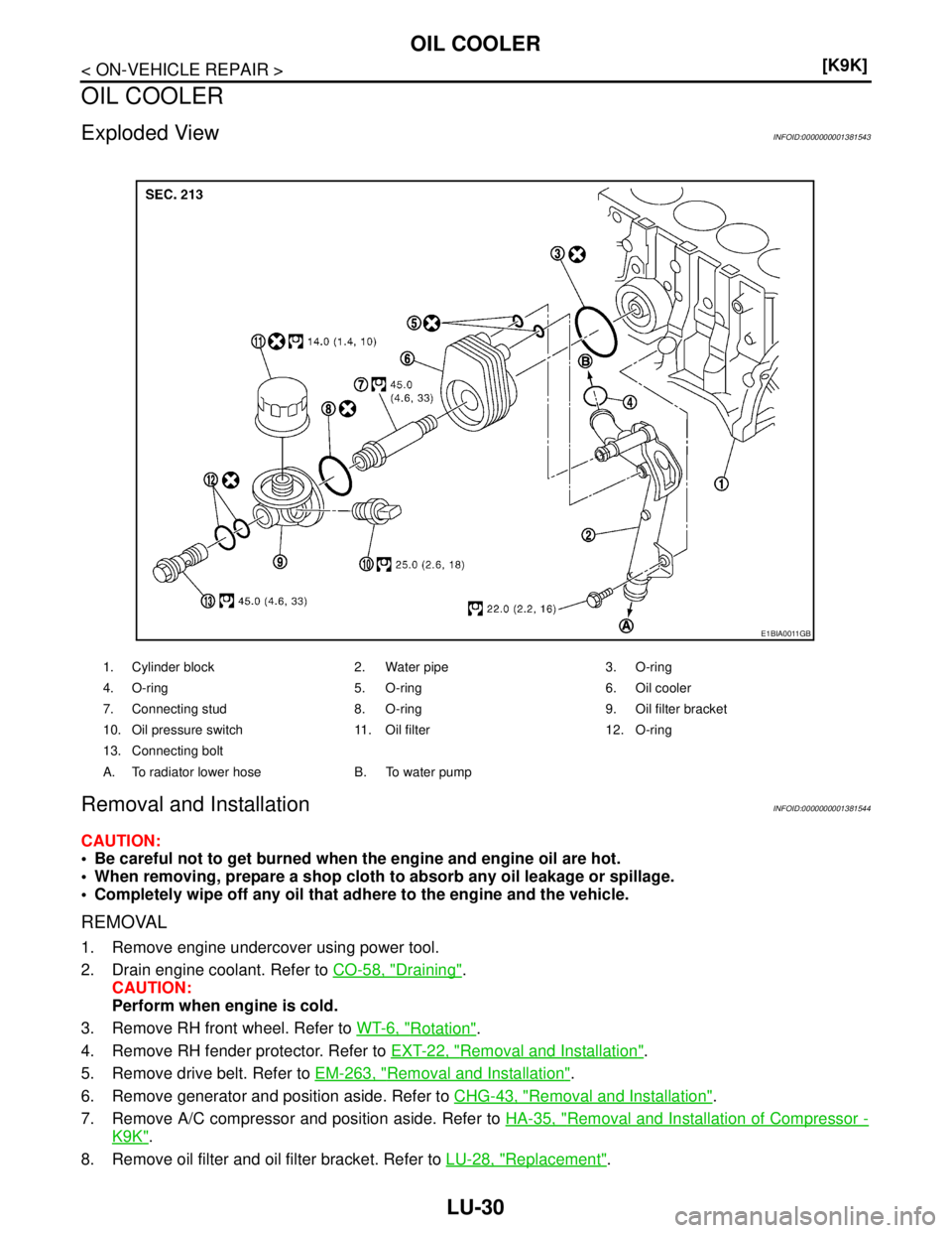 NISSAN TIIDA 2007  Service Repair Manual LU-30
< ON-VEHICLE REPAIR >[K9K]
OIL COOLER
OIL COOLER
Exploded ViewINFOID:0000000001381543
Removal and InstallationINFOID:0000000001381544
CAUTION:
 Be careful not to get burned when the engine and 
