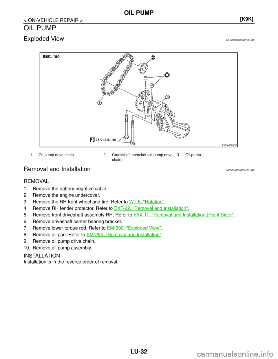 NISSAN TIIDA 2007  Service Repair Manual LU-32
< ON-VEHICLE REPAIR >[K9K]
OIL PUMP
OIL PUMP
Exploded ViewINFOID:0000000001381546
Removal and InstallationINFOID:0000000001381547
REMOVAL
1. Remove the battery negative cable.
2. Remove the engi