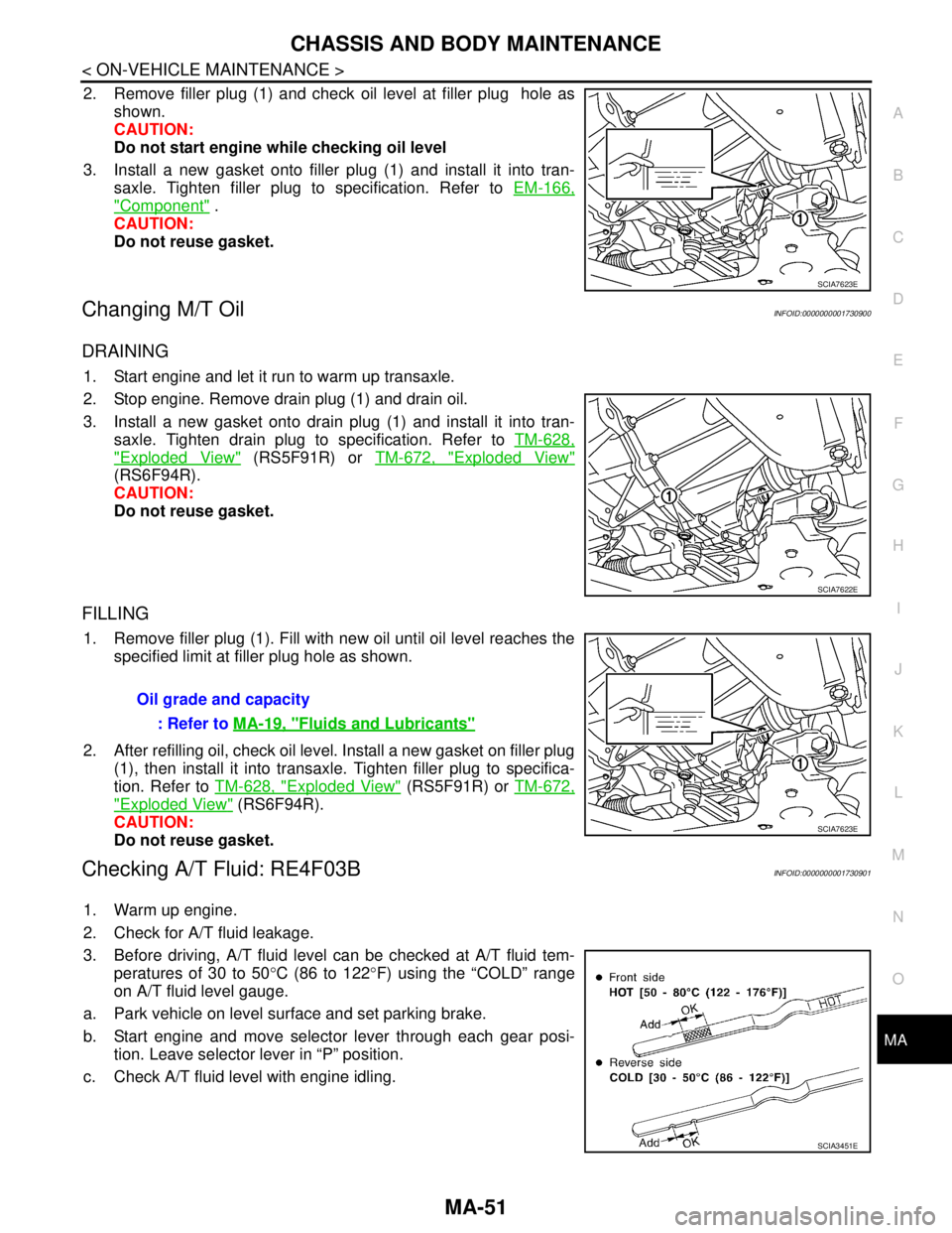 NISSAN TIIDA 2007 Service Repair Manual CHASSIS AND BODY MAINTENANCE
MA-51
< ON-VEHICLE MAINTENANCE >
C
D
E
F
G
H
I
J
K
L
MB
MAN
OA
2. Remove filler plug (1) and check oil level at filler plug hole as
shown.
CAUTION:
Do not start engine wh NISSAN TIIDA 2007 Service Repair Manual CHASSIS AND BODY MAINTENANCE
MA-51
< ON-VEHICLE MAINTENANCE >
C
D
E
F
G
H
I
J
K
L
MB
MAN
OA
2. Remove filler plug (1) and check oil level at filler plug hole as
shown.
CAUTION:
Do not start engine wh