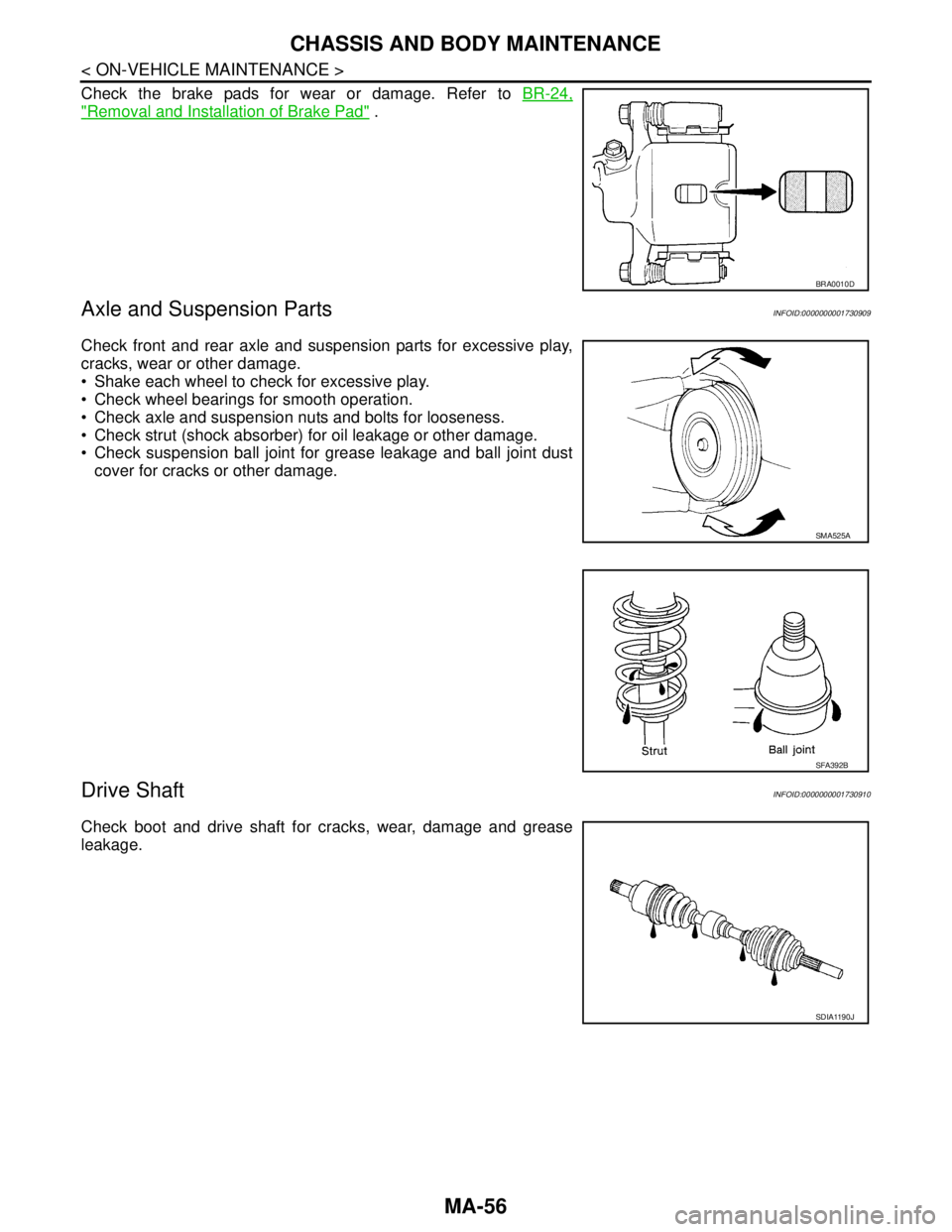 NISSAN TIIDA 2007  Service Repair Manual MA-56
< ON-VEHICLE MAINTENANCE >
CHASSIS AND BODY MAINTENANCE
Check the brake pads for wear or damage. Refer to BR-24,
"Removal and Installation of Brake Pad" .
Axle and Suspension PartsINFOID:0000000