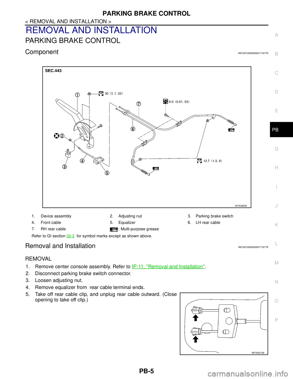 NISSAN TIIDA 2007  Service Repair Manual PARKING BRAKE CONTROL
PB-5
< REMOVAL AND INSTALLATION >
C
D
E
G
H
I
J
K
L
MA
B
PB
N
O
P
REMOVAL AND INSTALLATION
PARKING BRAKE CONTROL
ComponentINFOID:0000000001716778
Removal and InstallationINFOID:0