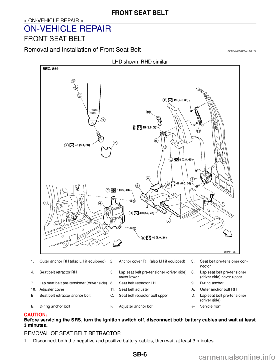 NISSAN TIIDA 2007 Service Repair Manual SB-6
< ON-VEHICLE REPAIR >
FRONT SEAT BELT
ON-VEHICLE REPAIR
FRONT SEAT BELT
Removal and Installation of Front Seat BeltINFOID:0000000001396419
LHD shown, RHD similar
CAUTION:
Before servicing the SRS NISSAN TIIDA 2007 Service Repair Manual SB-6
< ON-VEHICLE REPAIR >
FRONT SEAT BELT
ON-VEHICLE REPAIR
FRONT SEAT BELT
Removal and Installation of Front Seat BeltINFOID:0000000001396419
LHD shown, RHD similar
CAUTION:
Before servicing the SRS