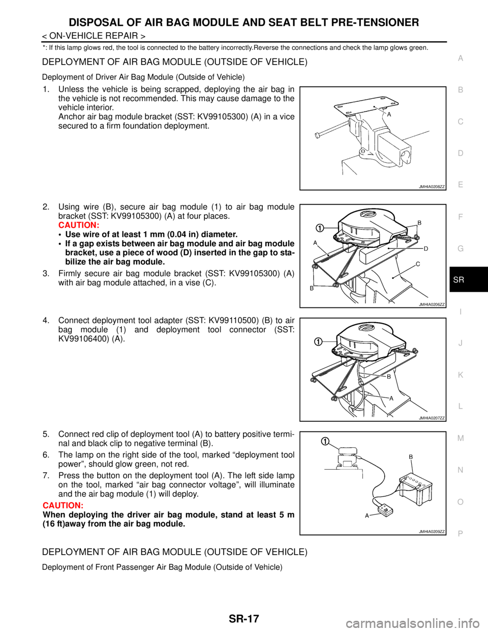 NISSAN TIIDA 2007 Service Repair Manual DISPOSAL OF AIR BAG MODULE AND SEAT BELT PRE-TENSIONER
SR-17
< ON-VEHICLE REPAIR >
C
D
E
F
G
I
J
K
L
MA
B
SR
N
O
P
*: If this lamp glows red, the tool is connected to the battery incorrectly.Reverse t NISSAN TIIDA 2007 Service Repair Manual DISPOSAL OF AIR BAG MODULE AND SEAT BELT PRE-TENSIONER
SR-17
< ON-VEHICLE REPAIR >
C
D
E
F
G
I
J
K
L
MA
B
SR
N
O
P
*: If this lamp glows red, the tool is connected to the battery incorrectly.Reverse t