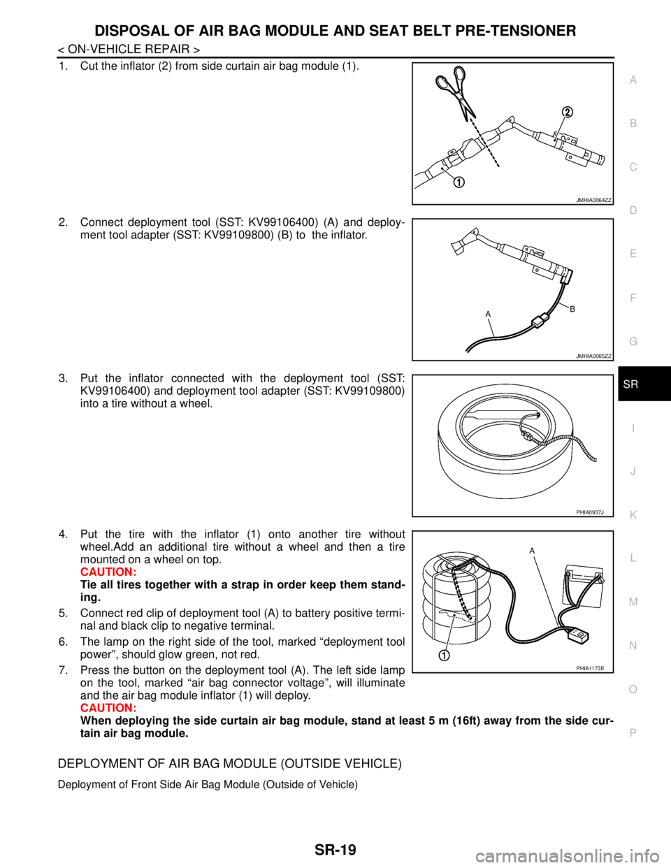 NISSAN TIIDA 2007 Service Repair Manual DISPOSAL OF AIR BAG MODULE AND SEAT BELT PRE-TENSIONER
SR-19
< ON-VEHICLE REPAIR >
C
D
E
F
G
I
J
K
L
MA
B
SR
N
O
P
1. Cut the inflator (2) from side curtain air bag module (1).
2. Connect deployment t NISSAN TIIDA 2007 Service Repair Manual DISPOSAL OF AIR BAG MODULE AND SEAT BELT PRE-TENSIONER
SR-19
< ON-VEHICLE REPAIR >
C
D
E
F
G
I
J
K
L
MA
B
SR
N
O
P
1. Cut the inflator (2) from side curtain air bag module (1).
2. Connect deployment t