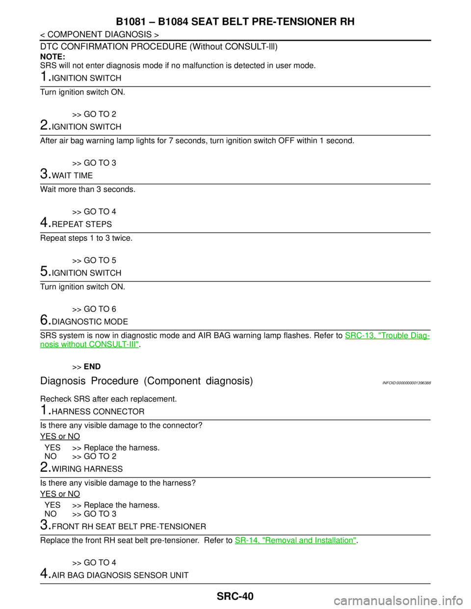 NISSAN TIIDA 2007 Service Repair Manual SRC-40
< COMPONENT DIAGNOSIS >
B1081 – B1084 SEAT BELT PRE-TENSIONER RH
DTC CONFIRMATION PROCEDURE (Without CONSULT-lll)
NOTE:
SRS will not enter diagnosis mode if no malfunction is detected in user NISSAN TIIDA 2007 Service Repair Manual SRC-40
< COMPONENT DIAGNOSIS >
B1081 – B1084 SEAT BELT PRE-TENSIONER RH
DTC CONFIRMATION PROCEDURE (Without CONSULT-lll)
NOTE:
SRS will not enter diagnosis mode if no malfunction is detected in user