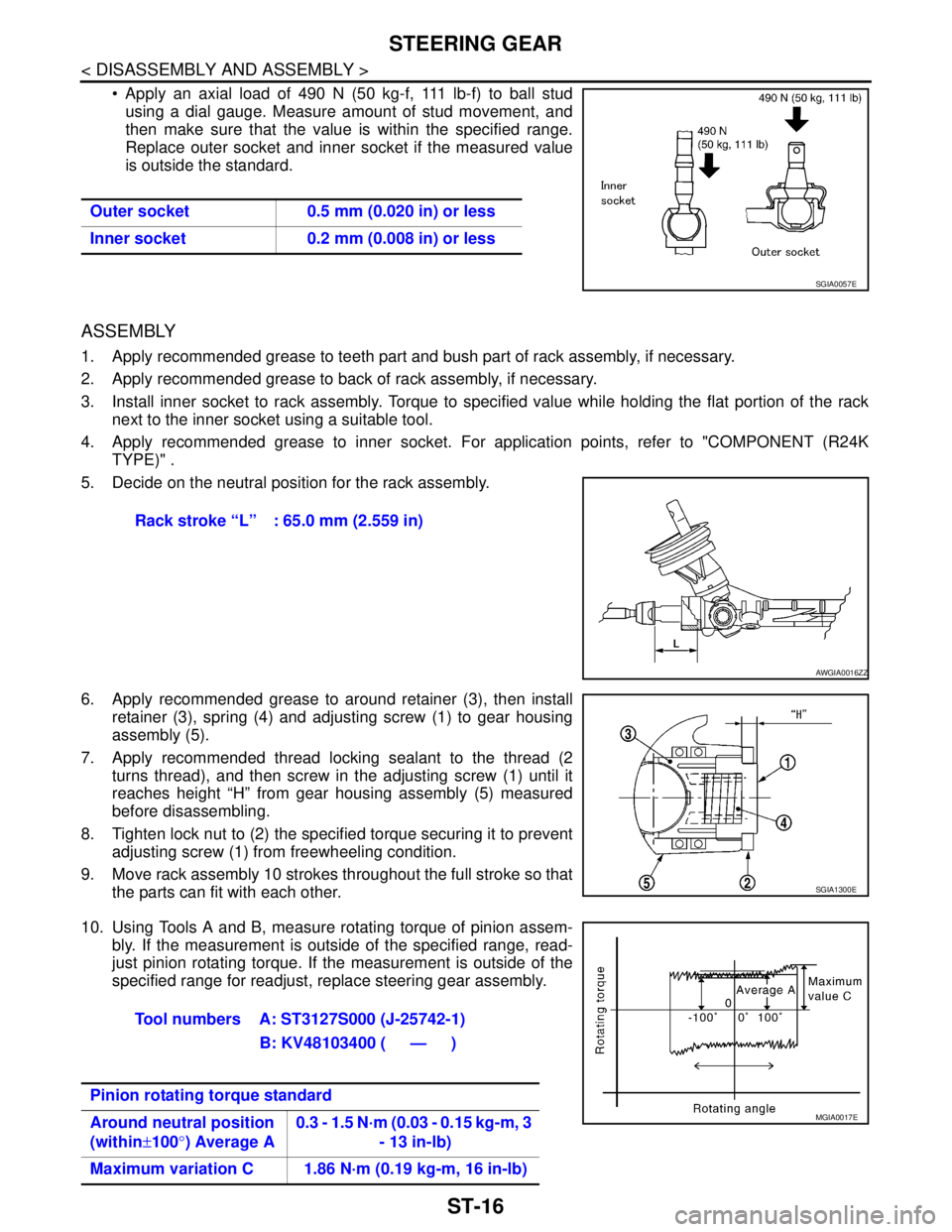 NISSAN TIIDA 2007 Service Repair Manual ST-16
< DISASSEMBLY AND ASSEMBLY >
STEERING GEAR
Apply an axial load of 490 N (50 kg-f, 111 lb-f) to ball stud
using a dial gauge. Measure amount of stud movement, and
then make sure that the value NISSAN TIIDA 2007 Service Repair Manual ST-16
< DISASSEMBLY AND ASSEMBLY >
STEERING GEAR
Apply an axial load of 490 N (50 kg-f, 111 lb-f) to ball stud
using a dial gauge. Measure amount of stud movement, and
then make sure that the value