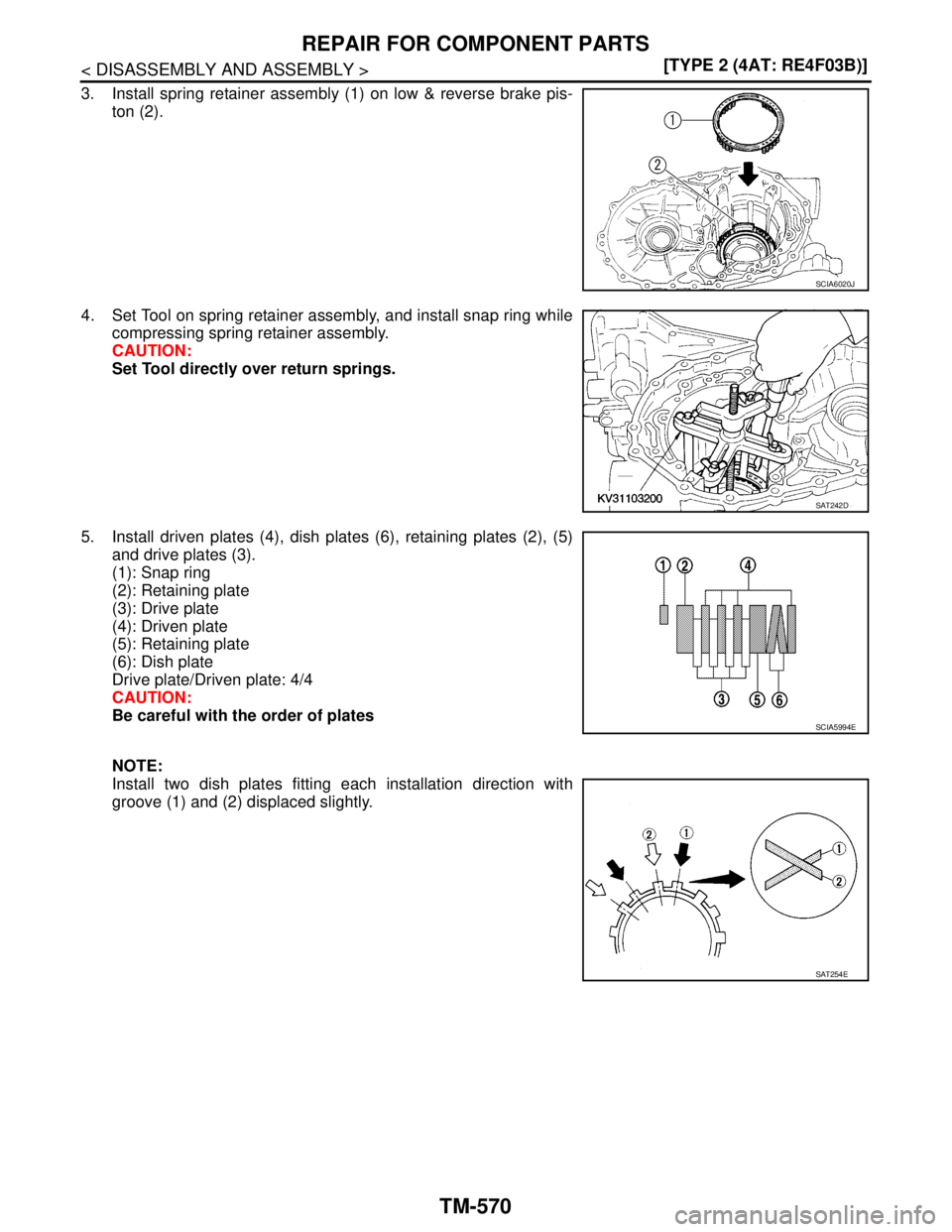 NISSAN TIIDA 2007  Service Repair Manual TM-570
< DISASSEMBLY AND ASSEMBLY >[TYPE 2 (4AT: RE4F03B)]
REPAIR FOR COMPONENT PARTS
3. Install spring retainer assembly (1) on low & reverse brake pis-
ton (2).
4. Set Tool on spring retainer assemb