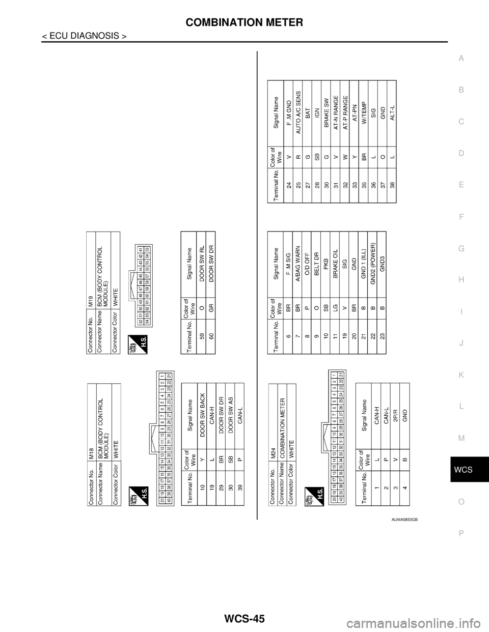 NISSAN TIIDA 2007  Service Repair Manual WCS
COMBINATION METER
WCS-45
< ECU DIAGNOSIS >
C
D
E
F
G
H
I
J
K
L
MB A
O
P
ALNIA0853GB 