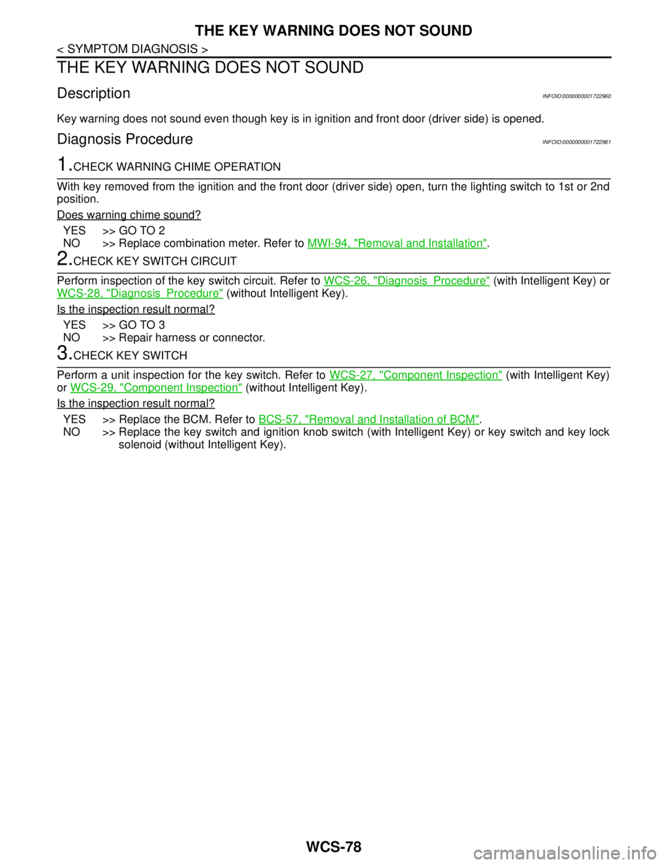 NISSAN TIIDA 2007 Service Repair Manual WCS-78
< SYMPTOM DIAGNOSIS >
THE KEY WARNING DOES NOT SOUND
THE KEY WARNING DOES NOT SOUND
DescriptionINFOID:0000000001722960
Key warning does not sound even though key is in ignition and front door ( NISSAN TIIDA 2007 Service Repair Manual WCS-78
< SYMPTOM DIAGNOSIS >
THE KEY WARNING DOES NOT SOUND
THE KEY WARNING DOES NOT SOUND
DescriptionINFOID:0000000001722960
Key warning does not sound even though key is in ignition and front door (