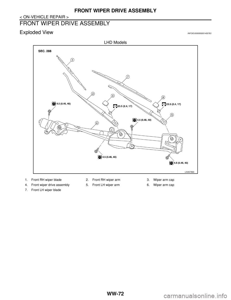 NISSAN TIIDA 2007  Service Repair Manual WW-72
< ON-VEHICLE REPAIR >
FRONT WIPER DRIVE ASSEMBLY
FRONT WIPER DRIVE ASSEMBLY
Exploded ViewINFOID:0000000001450763
LHD Models
LKIA0786E
1. Front RH wiper blade  2. Front RH wiper arm  3. Wiper arm