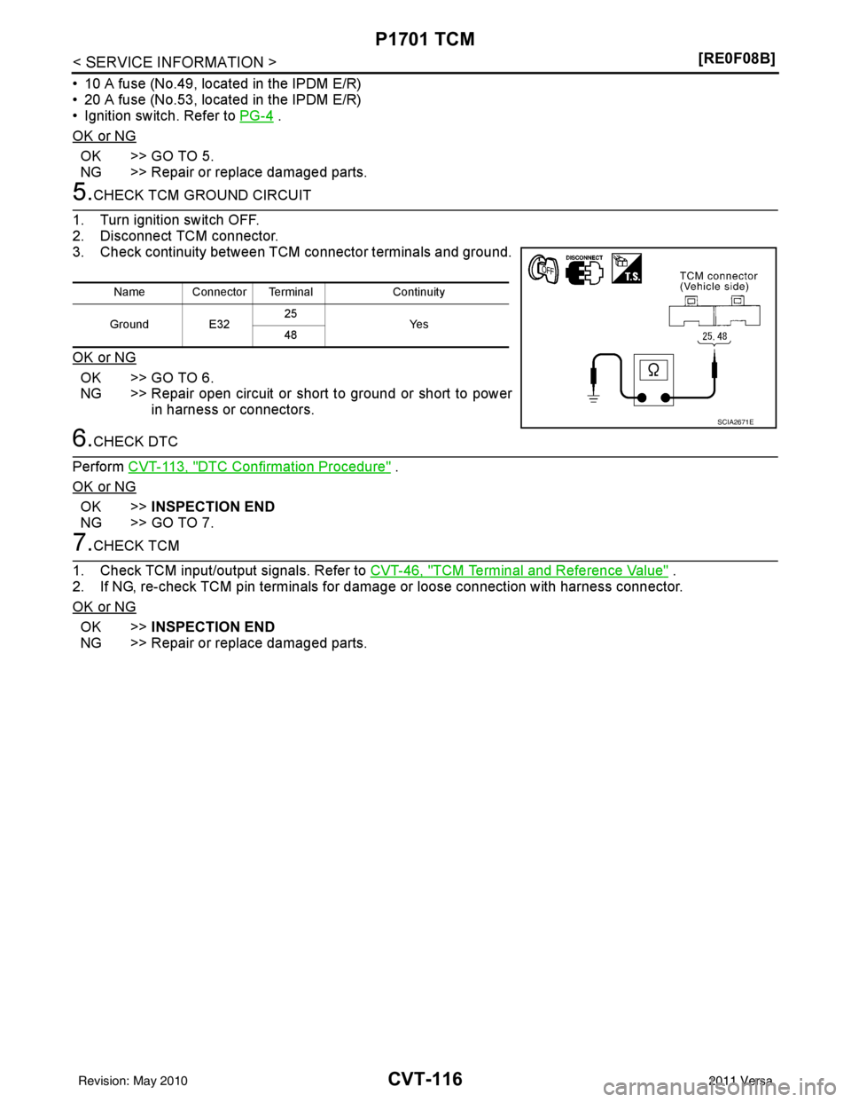 NISSAN TIIDA 2011  Service Repair Manual CVT-116
< SERVICE INFORMATION >[RE0F08B]
P1701 TCM
• 10 A fuse (No.49, located in the IPDM E/R) 
• 20 A fuse (No.53, located in the IPDM E/R) 
• Ignition switch. Refer to 
PG-4
 .
OK or NG
OK >>