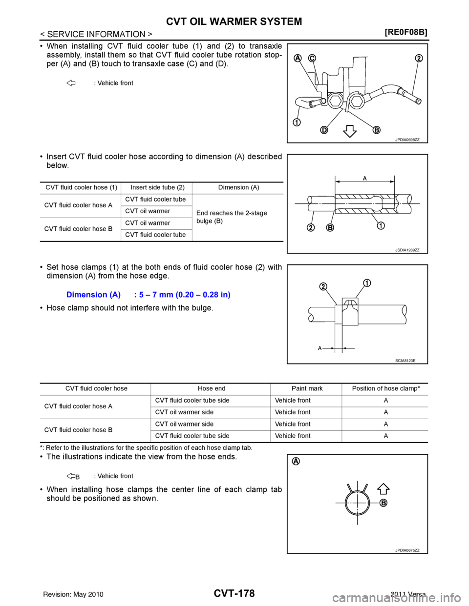 NISSAN TIIDA 2011  Service Repair Manual CVT-178
< SERVICE INFORMATION >[RE0F08B]
CVT OIL WARMER SYSTEM
• When installing CVT fluid cooler tube (1) and (2) to transaxle
assembly, install them so that CVT fluid cooler tube rotation stop-
pe