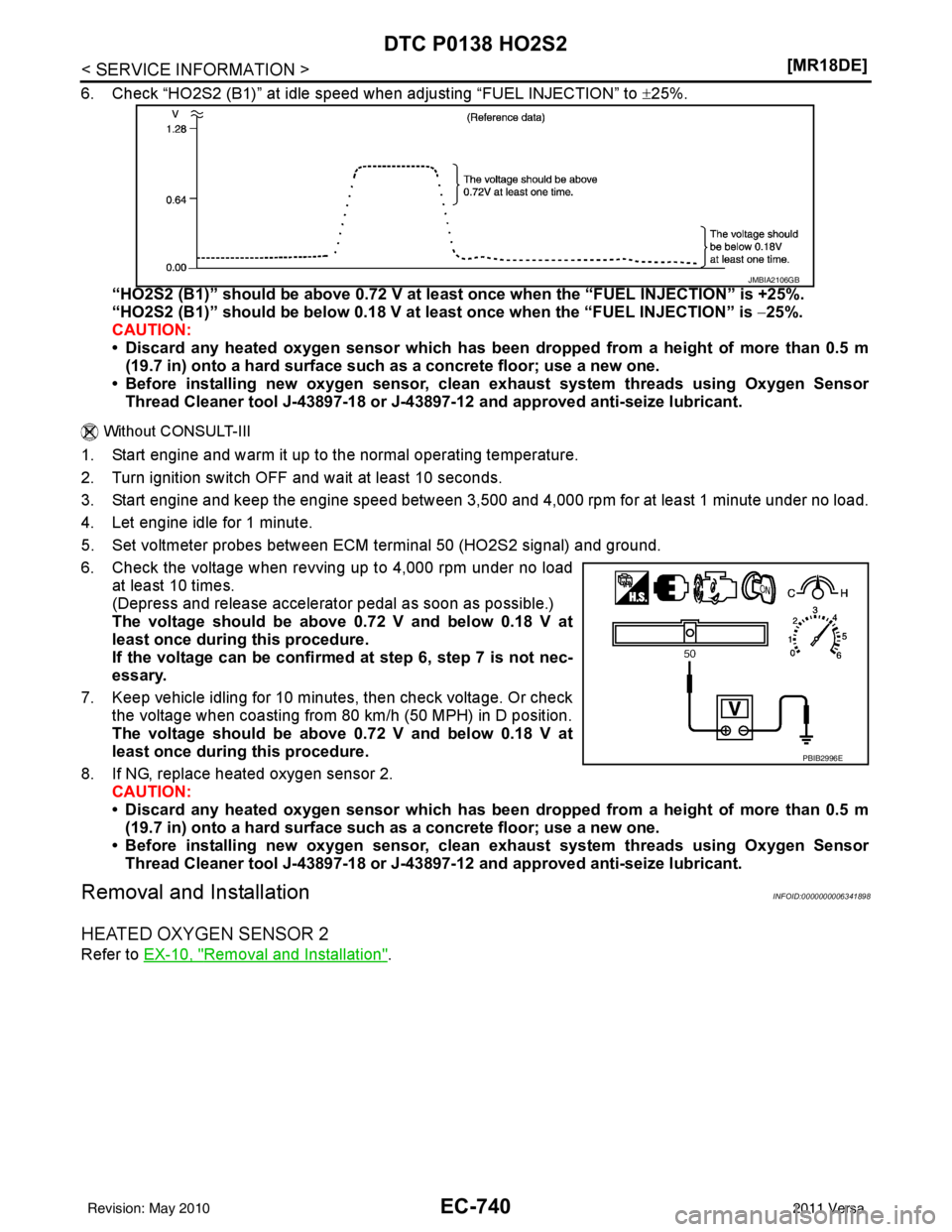NISSAN TIIDA 2011  Service Repair Manual EC-740
< SERVICE INFORMATION >[MR18DE]
DTC P0138 HO2S2
6. Check “HO2S2 (B1)” at idle speed when adjusting “FUEL INJECTION” to 
±25%.
“HO2S2 (B1)” should be above 0.72 V at l east once whe