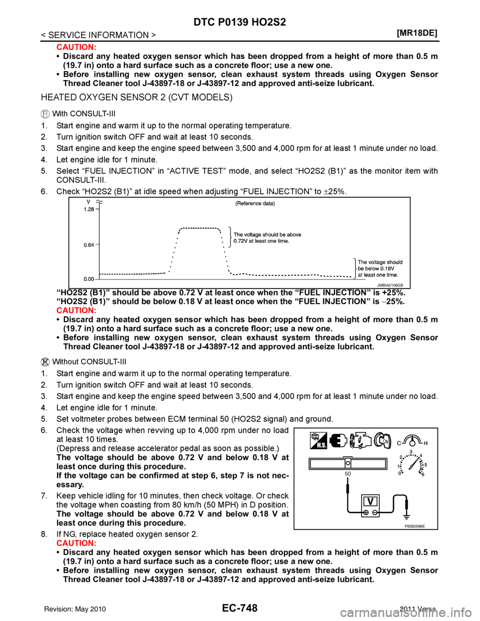 NISSAN TIIDA 2011  Service Repair Manual EC-748
< SERVICE INFORMATION >[MR18DE]
DTC P0139 HO2S2
CAUTION:
• Discard any heated oxygen senso
r which has been dropped from a height of more than 0.5 m
(19.7 in) onto a hard surface such as a co