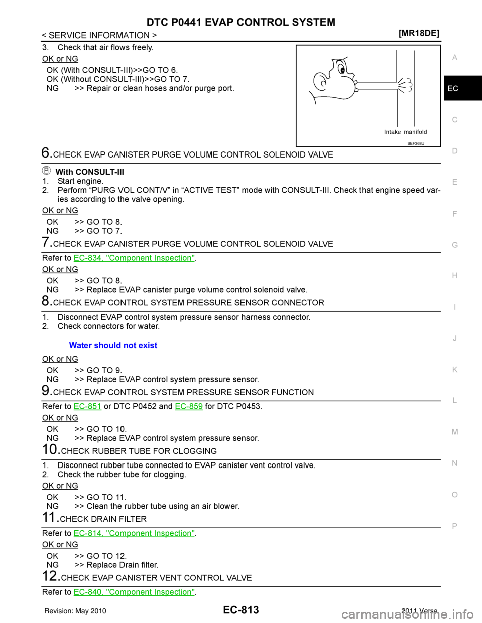 NISSAN TIIDA 2011  Service Repair Manual DTC P0441 EVAP CONTROL SYSTEMEC-813
< SERVICE INFORMATION > [MR18DE]
C
D
E
F
G H
I
J
K L
M A
EC
NP
O
3. Check that air flows freely.
OK or NG
OK (With CONSULT-III)>>GO TO 6.
OK (Without CONSULT-III)>>