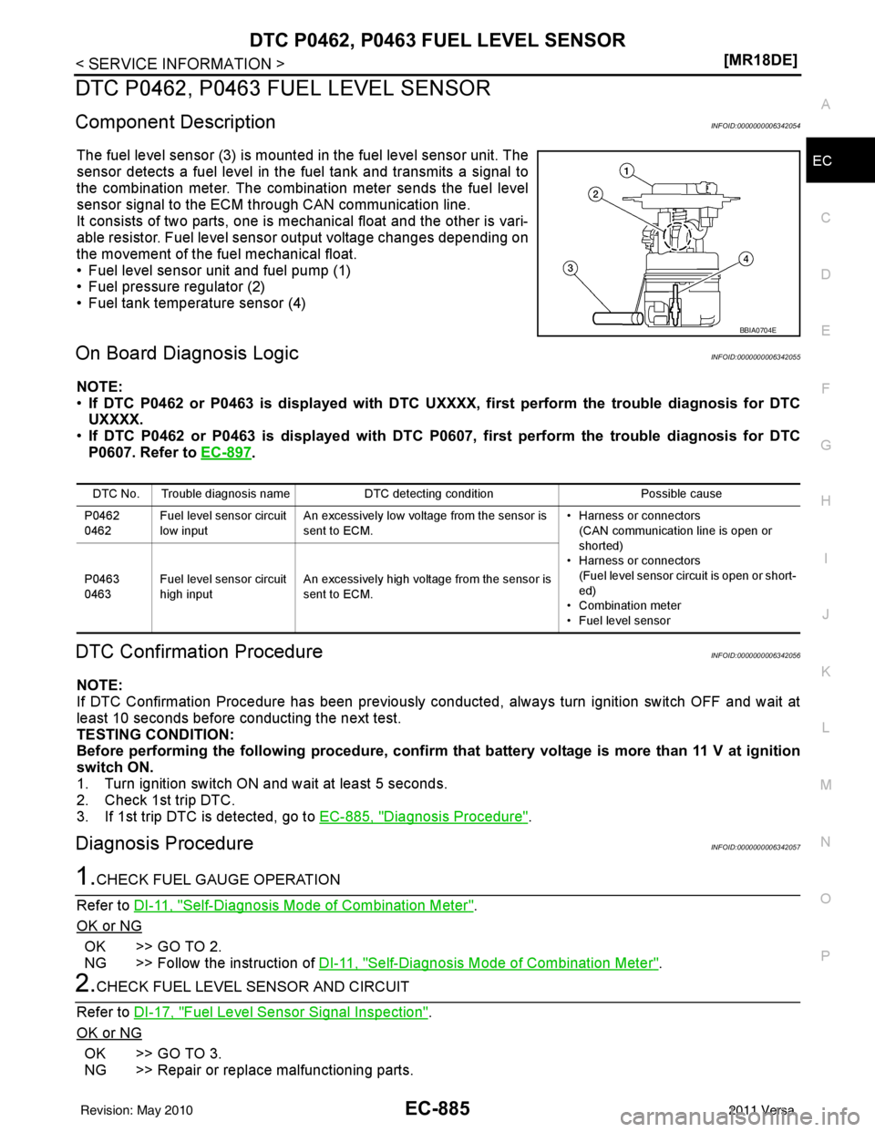 NISSAN TIIDA 2011  Service Repair Manual DTC P0462, P0463 FUEL LEVEL SENSOREC-885
< SERVICE INFORMATION > [MR18DE]
C
D
E
F
G H
I
J
K L
M A
EC
NP
O
DTC P0462, P0463 FUEL LEVEL SENSOR
Component DescriptionINFOID:0000000006342054
The fuel level