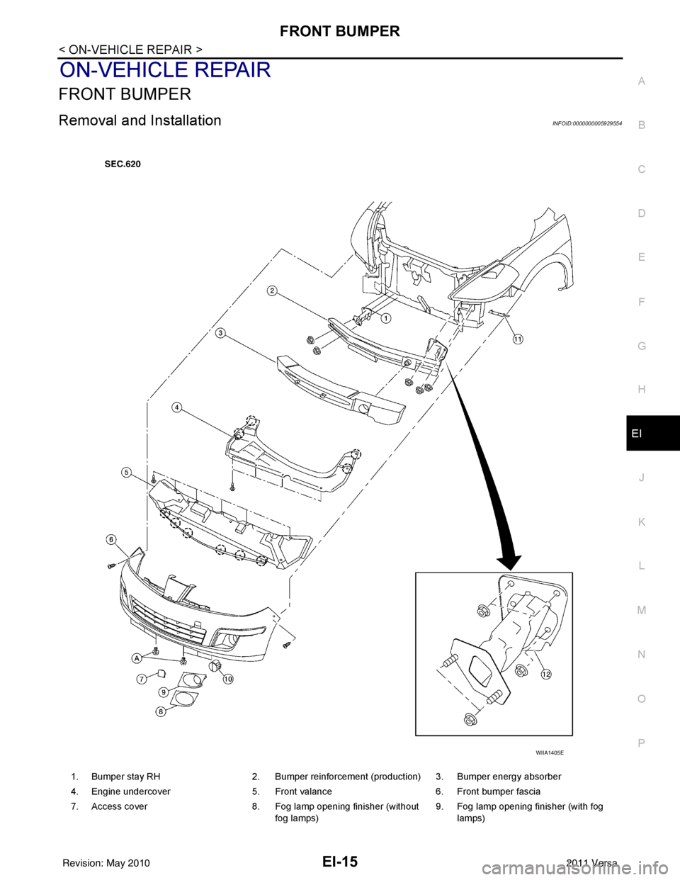 NISSAN TIIDA 2011  Service Repair Manual FRONT BUMPEREI-15
< ON-VEHICLE REPAIR >
C
DE
F
G H
J
K L
M A
B
EI
N
O P
ON-VEHICLE REPAIR
FRONT BUMPER
Removal and InstallationINFOID:0000000005929554
1. Bumper stay RH 2. Bumper reinforcement (produc