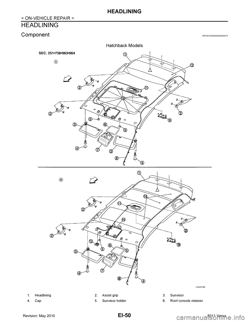 NISSAN TIIDA 2011  Service Repair Manual EI-50
< ON-VEHICLE REPAIR >
HEADLINING
HEADLINING
ComponentINFOID:0000000005929575
Hatchback Models
LIIA2576E
1. Headlining2. Assist grip 3. Sunvisor
4. Cap 5. Sunvisor holder 6. Roof console retainer