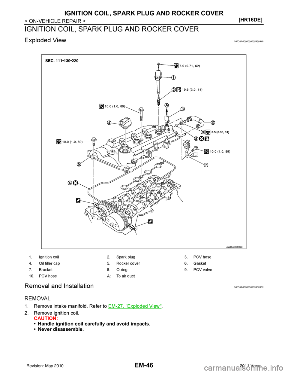 NISSAN TIIDA 2011  Service Repair Manual EM-46
< ON-VEHICLE REPAIR >[HR16DE]
IGNITION COIL, SPARK PLUG AND ROCKER COVER
IGNITION COIL, SPARK 
PLUG AND ROCKER COVER
Exploded ViewINFOID:0000000005930949
Removal and InstallationINFOID:000000000