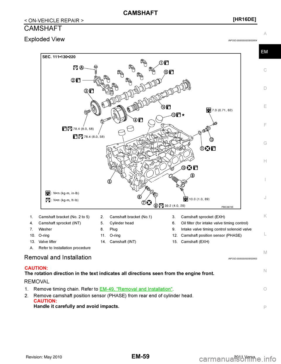 NISSAN TIIDA 2011  Service Repair Manual CAMSHAFTEM-59
< ON-VEHICLE REPAIR > [HR16DE]
C
D
E
F
G H
I
J
K L
M A
EM
NP
O
CAMSHAFT
Exploded ViewINFOID:0000000005930954
Removal and InstallationINFOID:0000000005930955
CAUTION:
The rotation directi